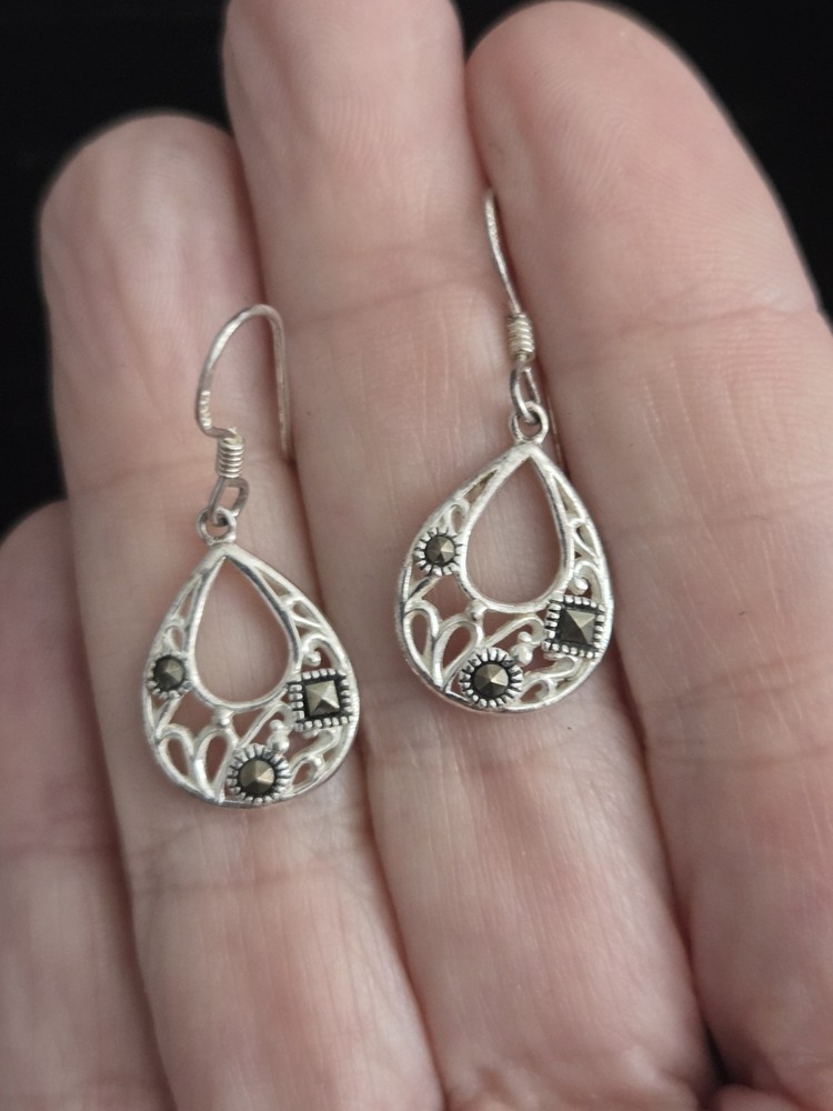 Vintage Sterling Silver Earrings Marcasite Filigree Dangles .925