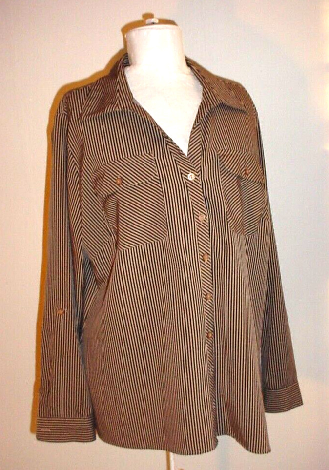 Studio Works Woman Button Front Top Shirt Size 1X Long Sleeve Roll Tab Pockets