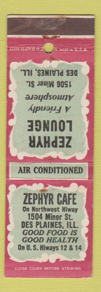 Matchbook Cover - Zephyr Cafe Des Plaines IL