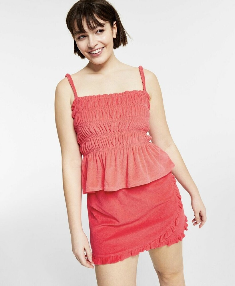 NEW BAR III WOMEN'S TERRY RUFFLED SMOCKED TOP WATERMELON PUNCH SZ M