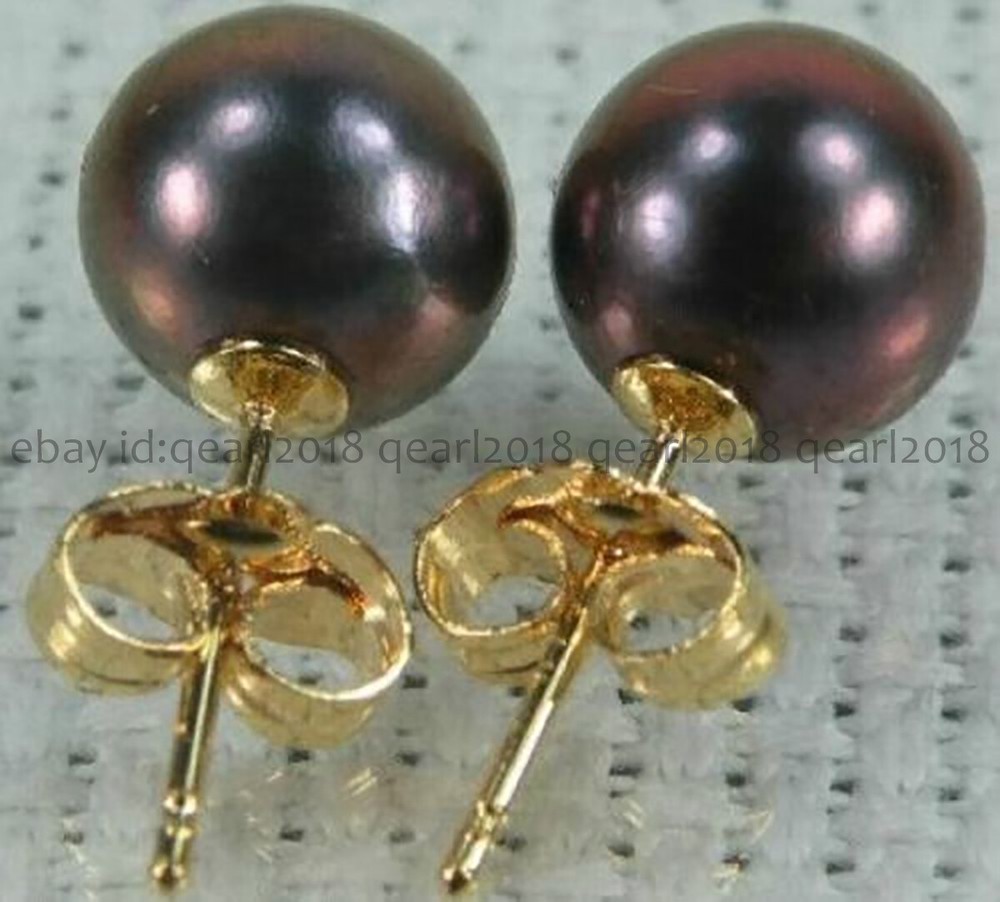 Perfect Round Real Natural Black South Sea Pearl Stud Earrings 14K Yellow Gold