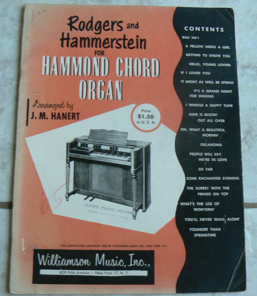 Rodgers & Hammerstein for Hammond Chord Organ,Hanert, 1955 VTG 18 songs