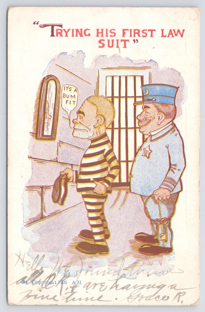 Comics~Criminal in Jail Clothes~It's a Bum Fit~1st Law Suit~Police~1905 Postcard