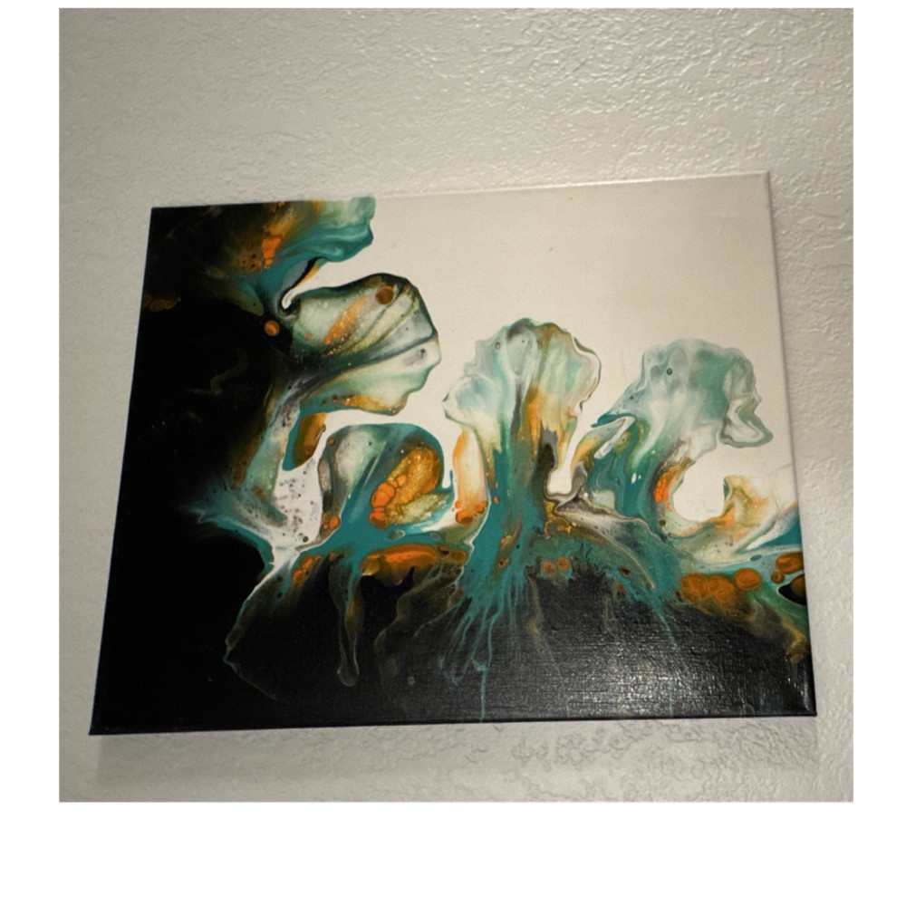 Abstract Teal Gold White Black Canvas Panel Painting Unframed Single Piece