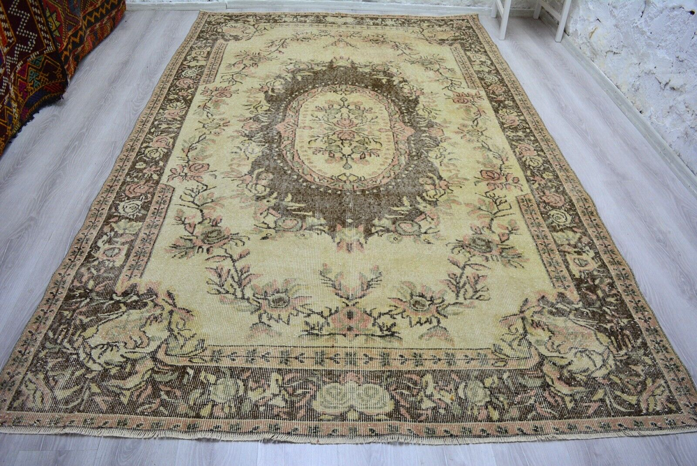 Vintage Beige Oriental Rug, 6.2x9.8ft, Antique Turkish Handmade Medallion Rug,