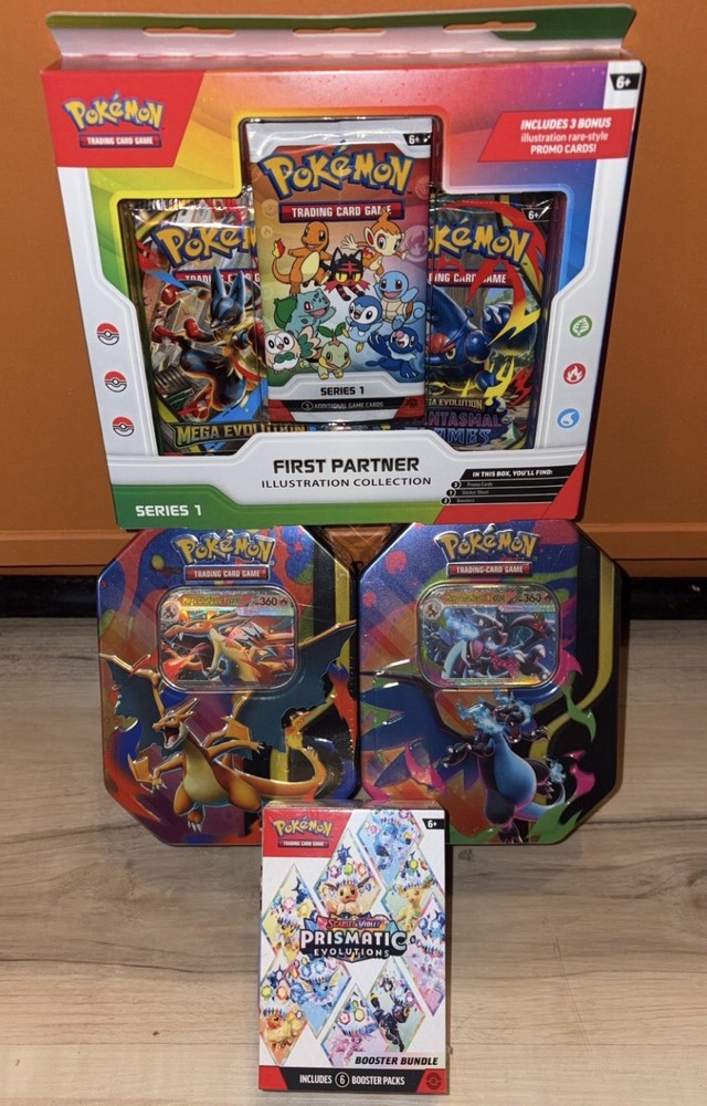 Pokémon TCG Prismatic Evolutions Booster Bundle Charizard Tin & FP Box Lot Of 4