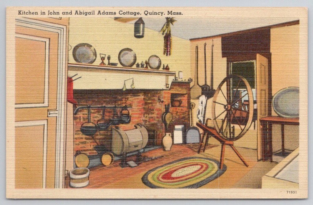 John & Abigail Adams Cottage Kitchen Quincy MA 1947 Linen Postcard