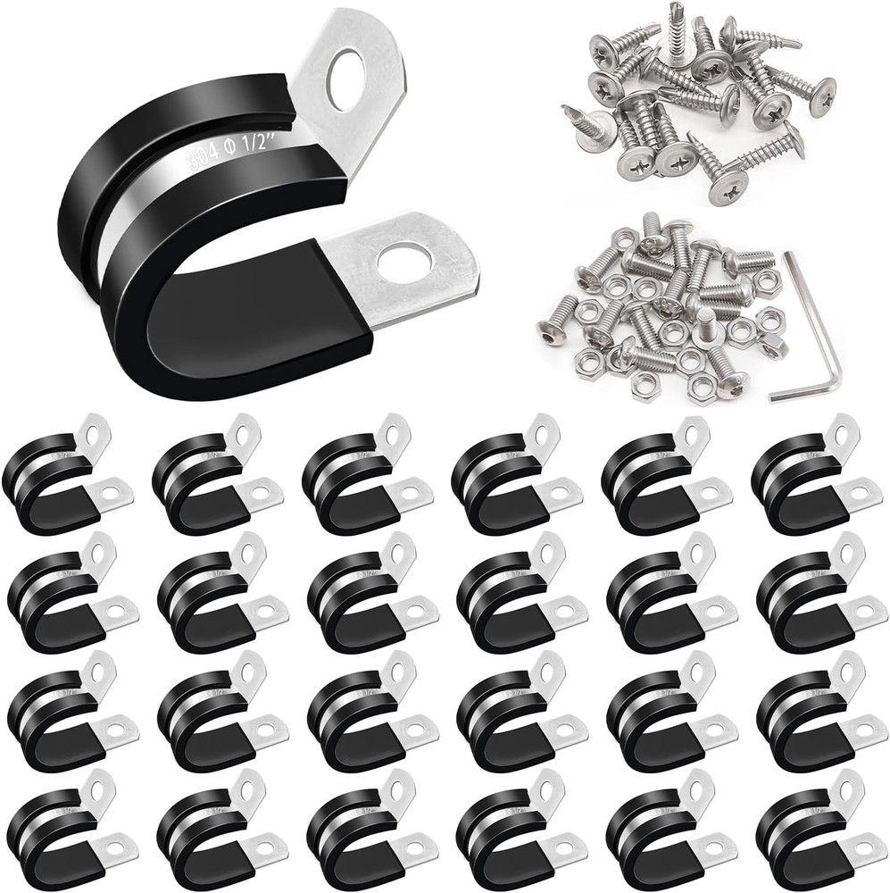 50PCS 1/2 Inch Cable Clamps 304 Stainless Steel Rubber Cushion Insulated Wire Cl