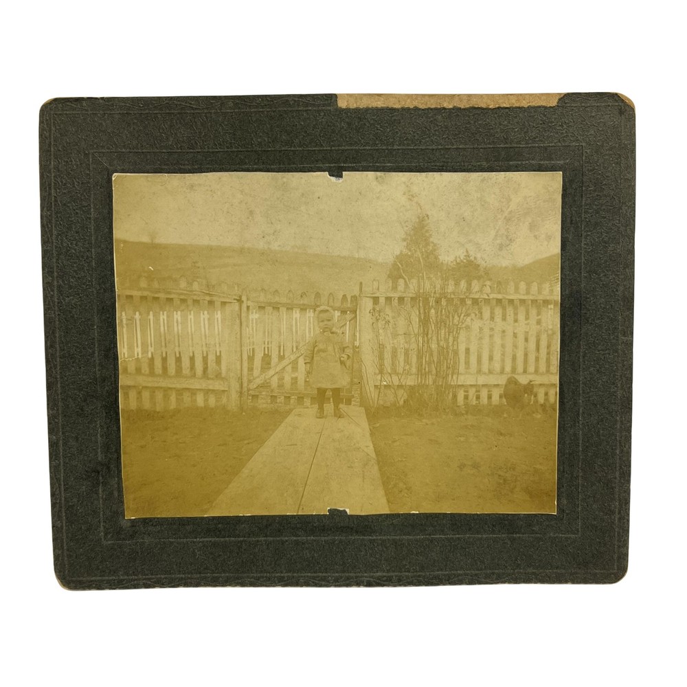 Vintage Early 1900s Cabinet Card Child Yard Picket Fence Photo 5x7 Sepia