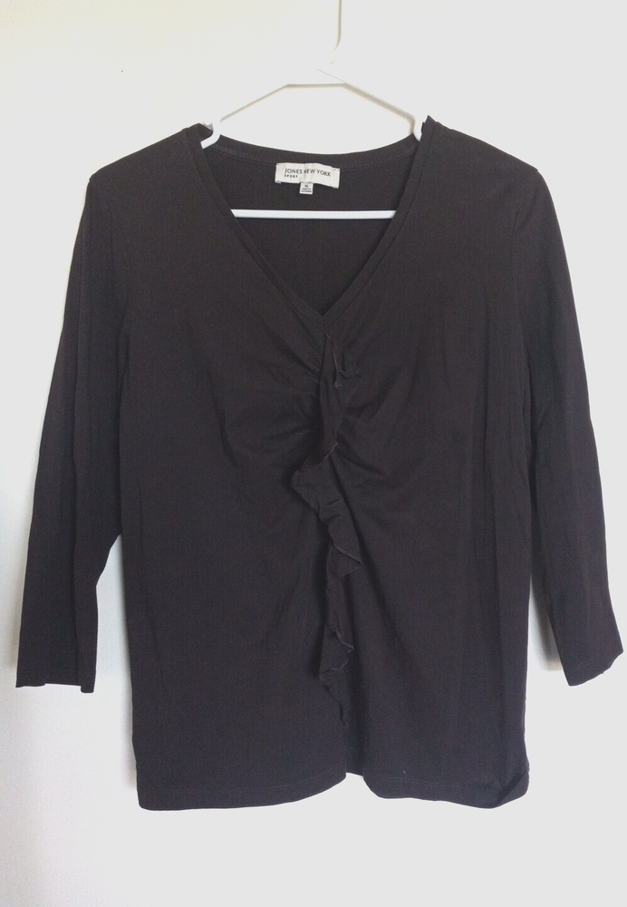 Jones New York Women's XL Brown Stretch Cotton Sparkle Ruffle Tee