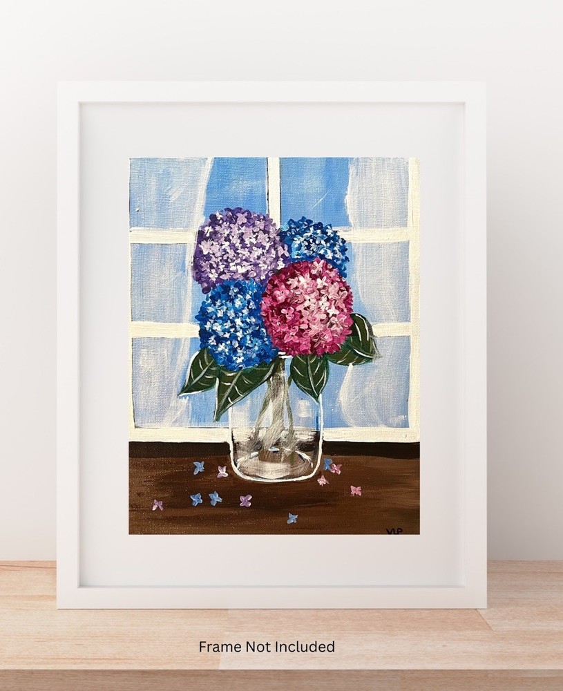 Window Pink Purple Blue Hydrangeas Glass Jar Original Acrylic 8x10 Canvas Panel