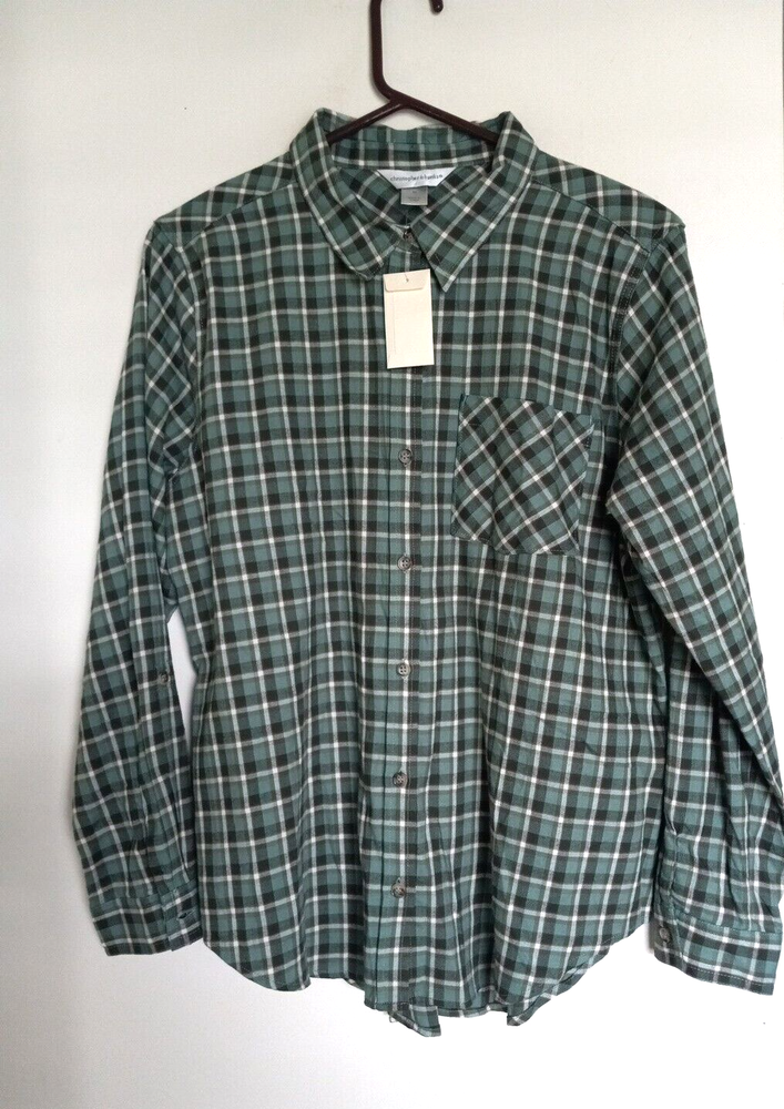 Christopher & Banks Womens Medium Plaid Button Up Shirt Cotton Rayon Blend Top New