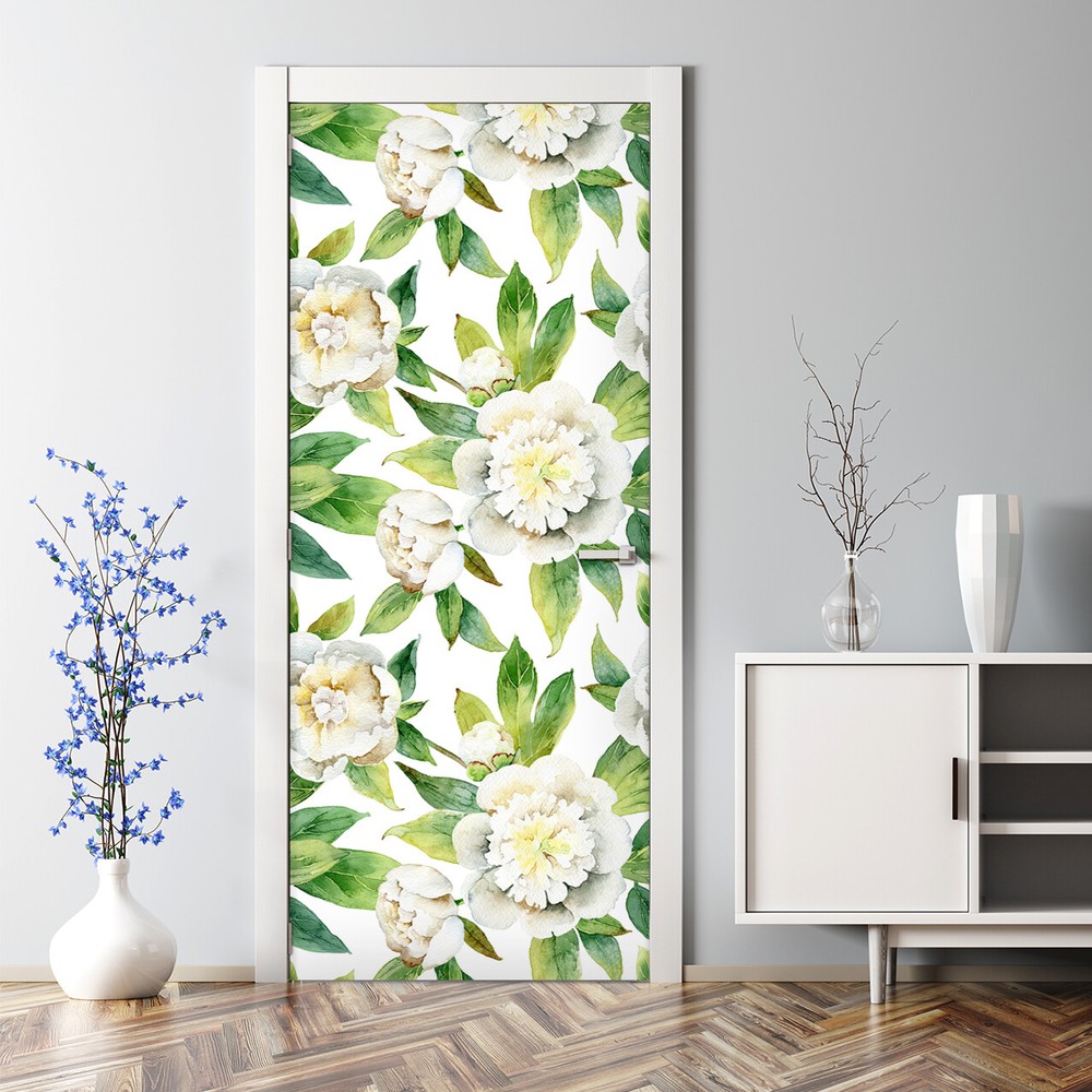 Bubble Free Door sticker Elegant white peonies Watercolour Wall