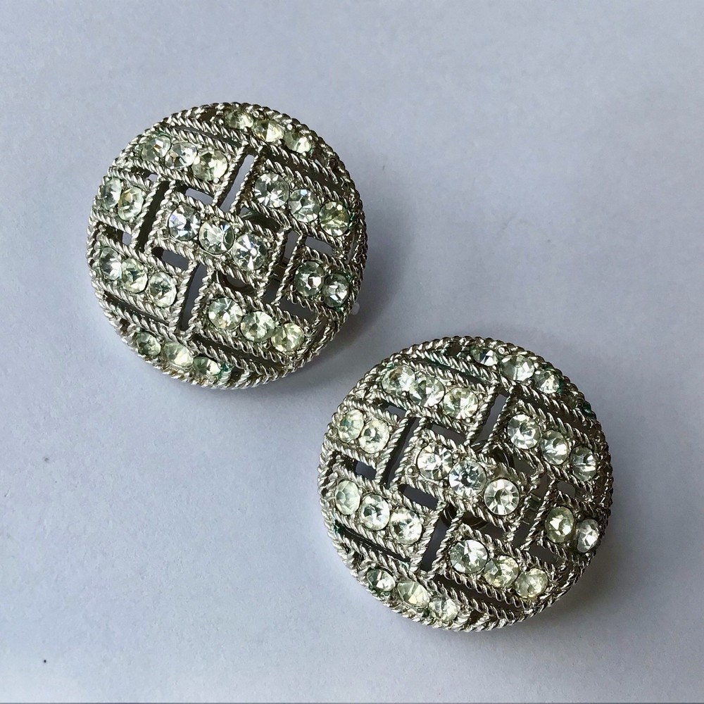Vintage Crown Trifari Signed Clear Rhineston Earrings