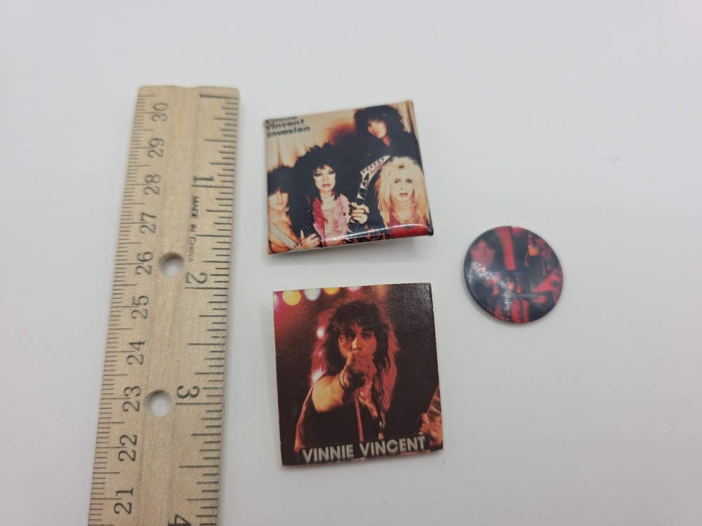 Lot 3 Vintage 1980s Vinnie Vincent Invasion Rock Band Pinback Buttons KISS