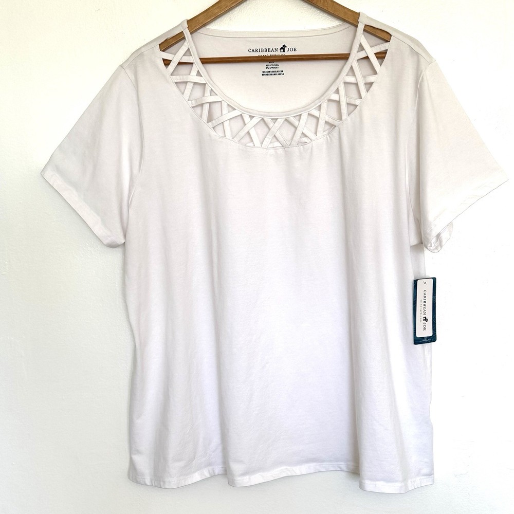 Caribbean Joe Plus Shirt Women’s 2X White Short Sleeve Pullover Top