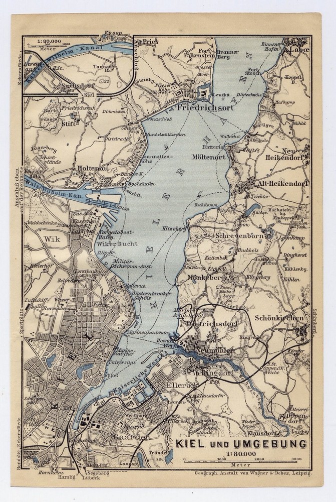 1914 Original Antique Map Of City Of Kiel Vicinity / Germany