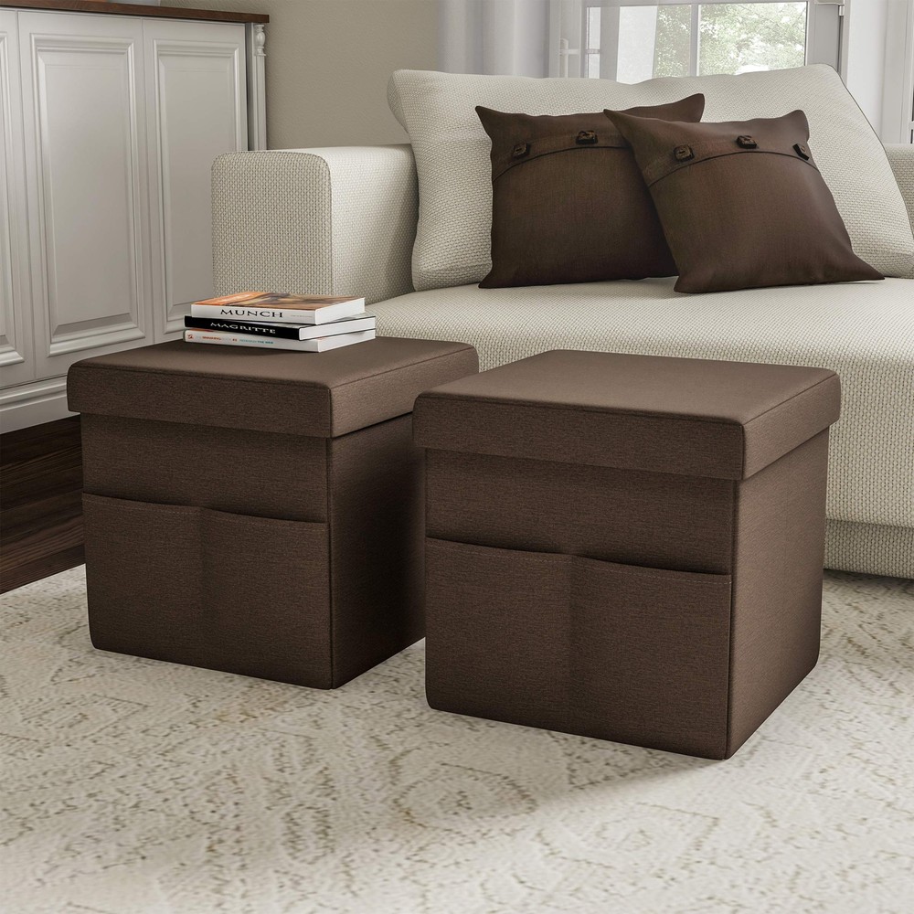 Set of 2 Ottomans with Storage Pockets - 15-Inch Folding Foot Rests or Storag...