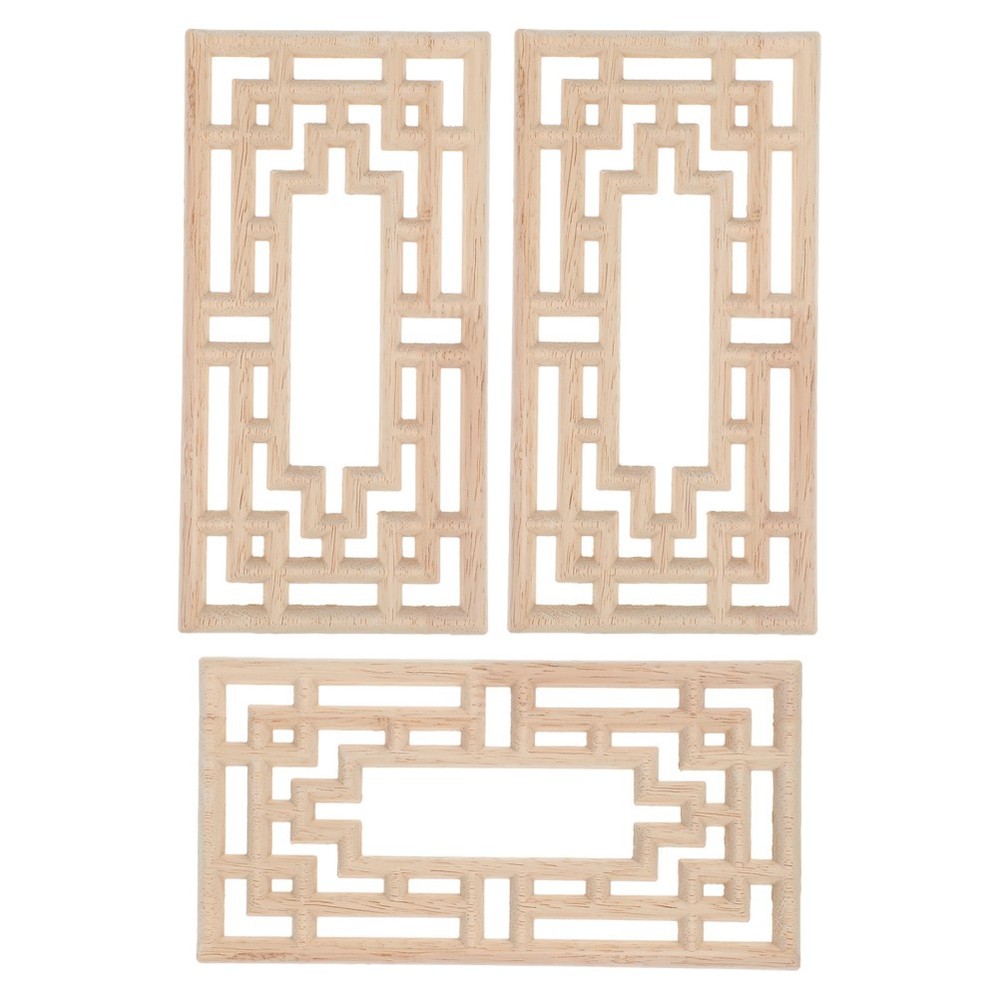 3Pcs Wooden Carved Onlay Applique, Unpainted Wood Rectangular Carving