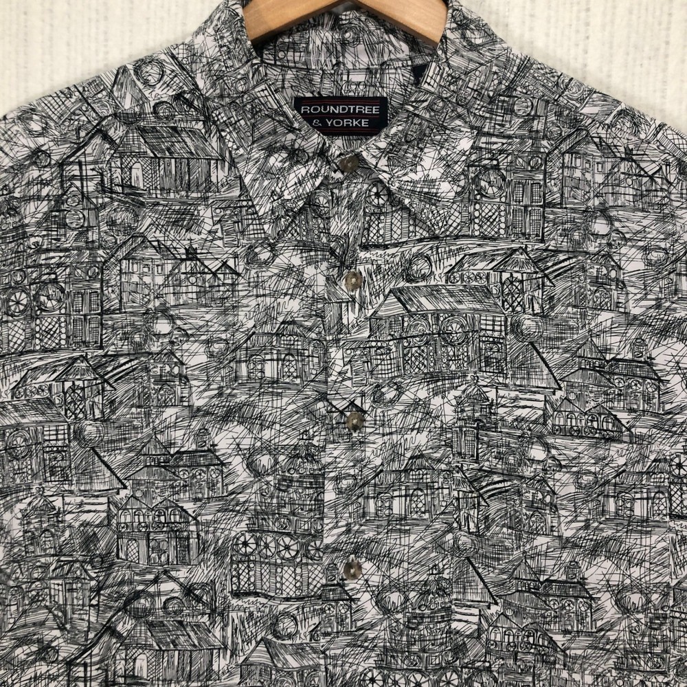 Roundtree & Yorke Mens Short Sleeve Button Up Shirt Architectural Print Size L