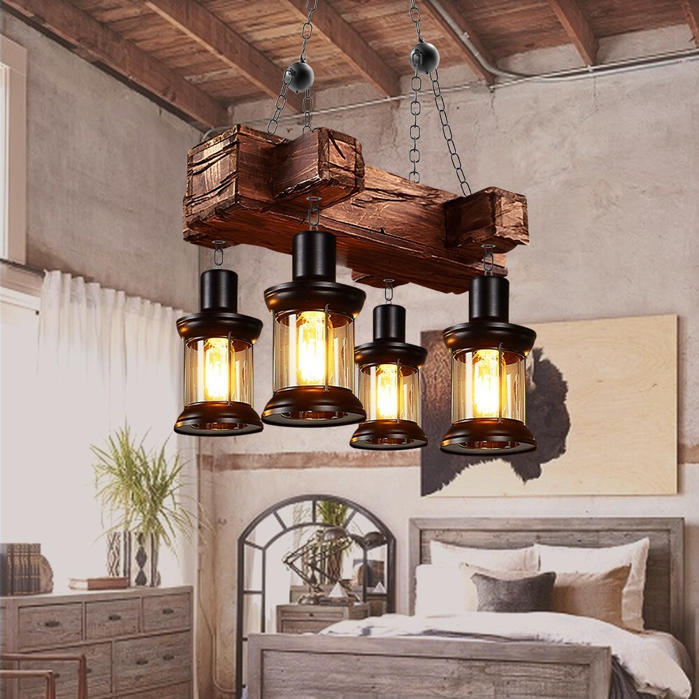 4-Light Rustic Country Chandelier Wood Pendant Lamp Industrial Ceiling Fixture