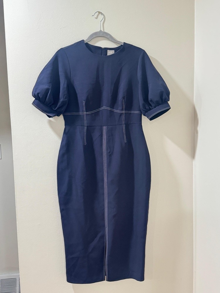 Contrast stitch midi dress with puff sleeves ASOS - US Size 6- Fast Shipping