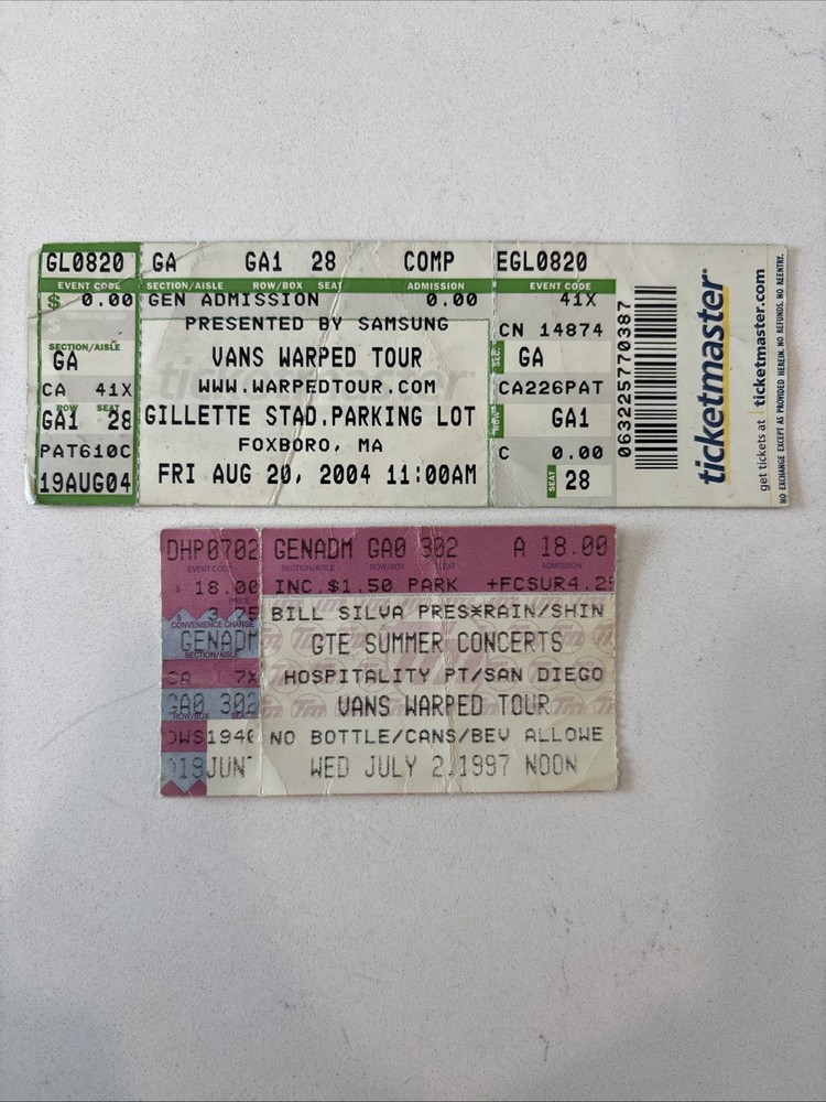Vans Warped Tour Concert Ticket Stub Lot 2 Total 1997 2004 Rare