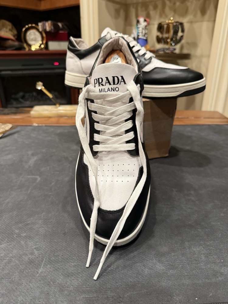PRADA Milano Black White Leather Sneakers Men's Lace Up  US 10.5- Authentic
