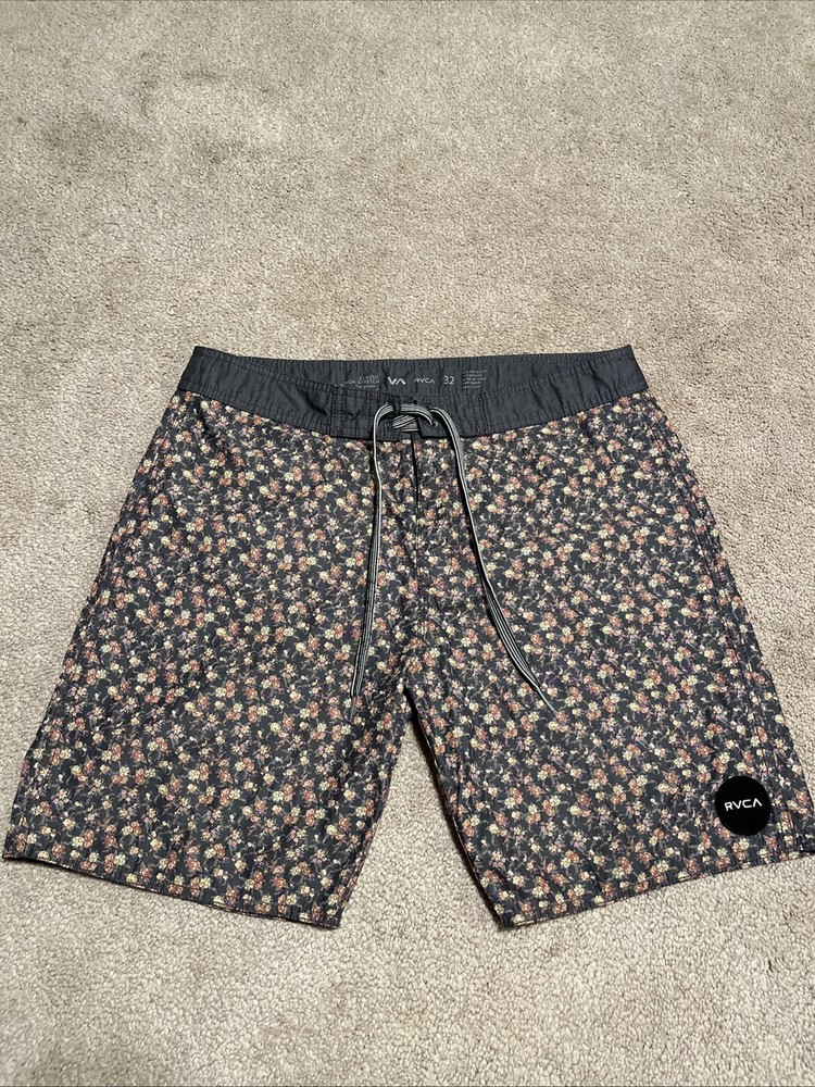 RVCA Board Shorts 32 Classic Non-Stretch Grey Floral Pattern Skate Surf