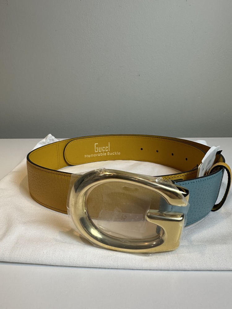 Authentic Gucci Leather Belt Size 85 in Yellow and Light Blue