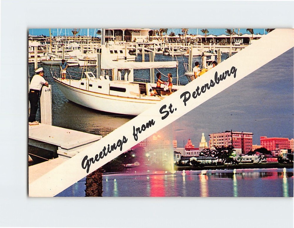 Postcard St. Petersburg Yacht Basin and Night View of Downtown Florida USA
