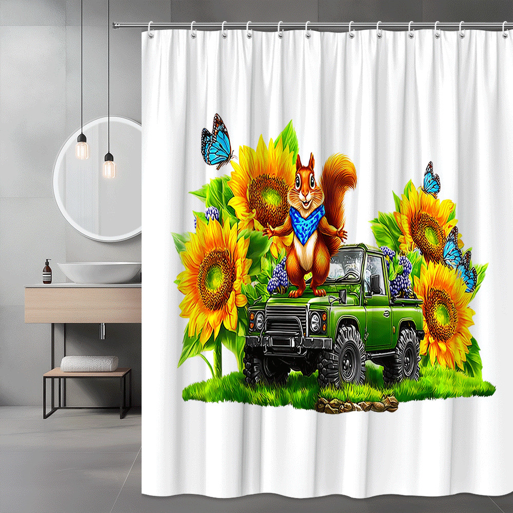 Squirrel Truck Sunflower Shower Curtain Floral Nature Print