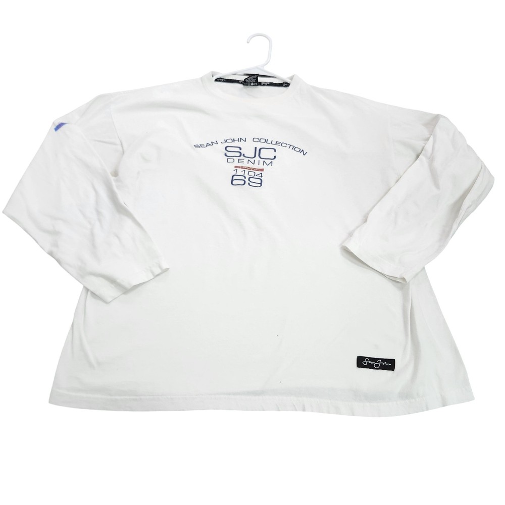 Sean John Shirt Mens Large White Long Sleeve SJC Denim Graphic Tee Top USA