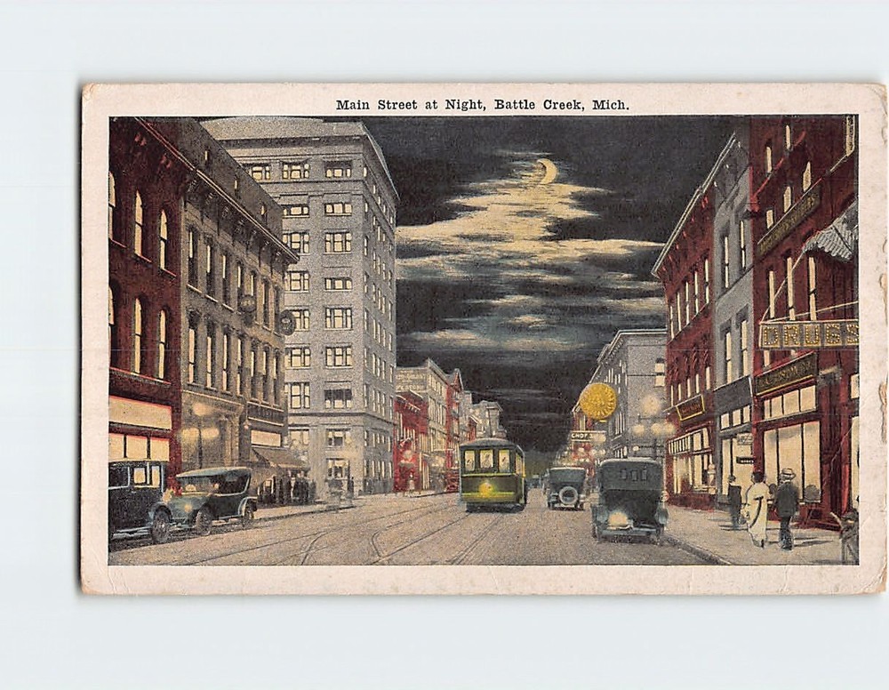Postcard Main Street at Night Battle Creek Michigan USA