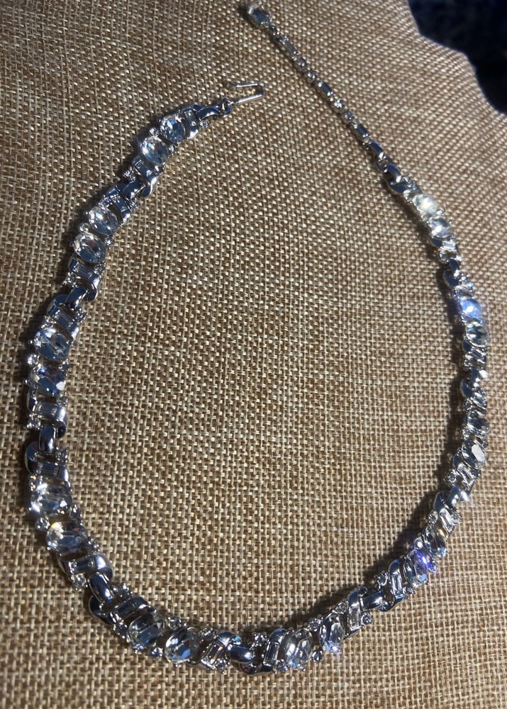 VTG Crown Trifari Baguette Rhinestone Pat Pend Necklace Alfred Philippe 15.5