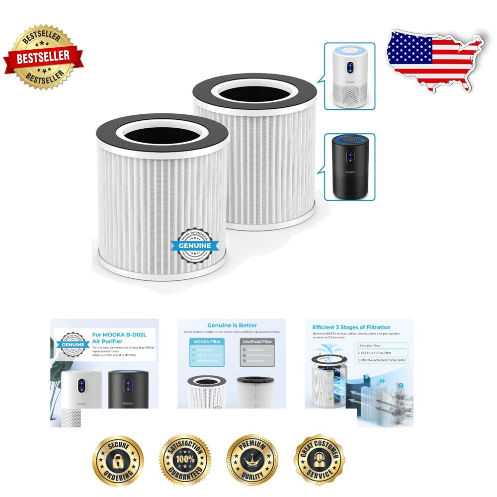Mooka B-D02L Air Purifier Replacement Filters - 2-Pack, H13 HEPA & Carbon Layers