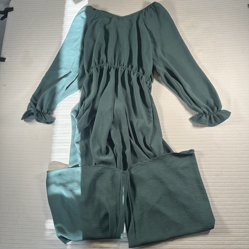 Honeyme Women’s Medium Green Wide Leg Jumpsuit Long Sleeve Elastic Waist Boho