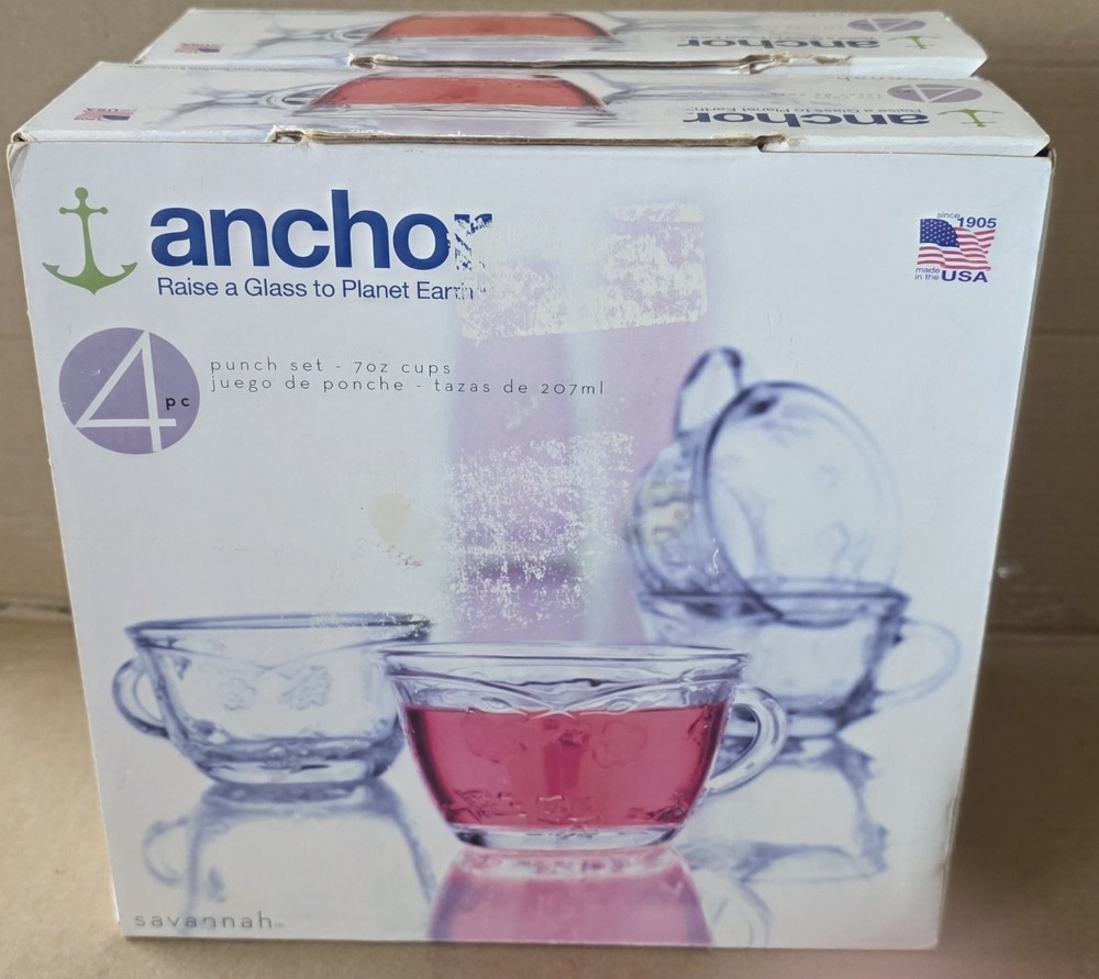 (2) Box Anchor Hocking 4 pc Punch Glasses Savannah 7 oz cups New in Shabby Box