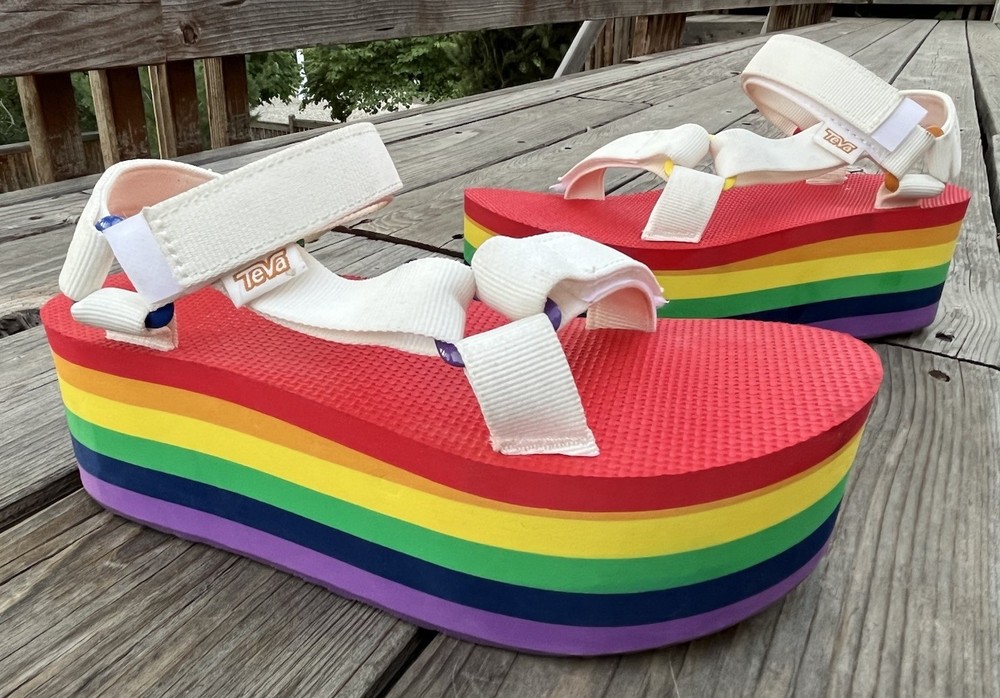Teva Womens Flatform Universal Rainbow Pride Sandals White Platform