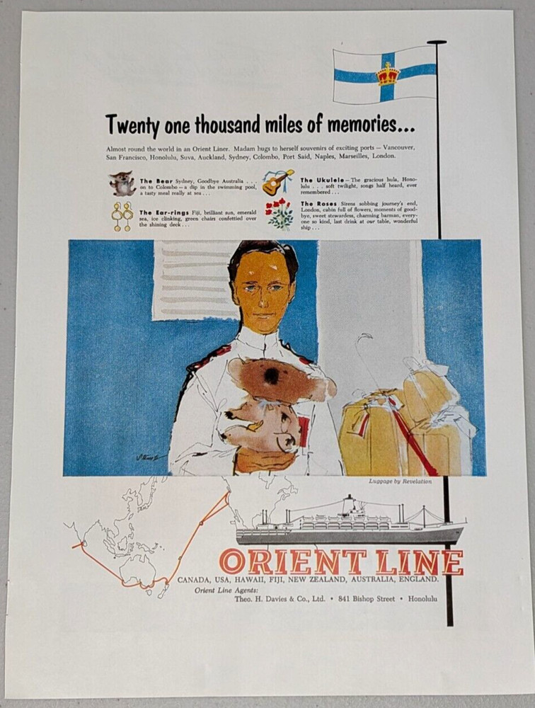 1958 Orient Line Vintage Print Ad Cruise Ship Hawaii Fiji Australia New Zealand