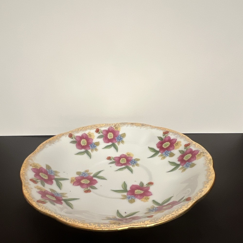 A BEDA Japan Floral Ceramic Saucer White/Gold Pink Blue Green Round Glossy