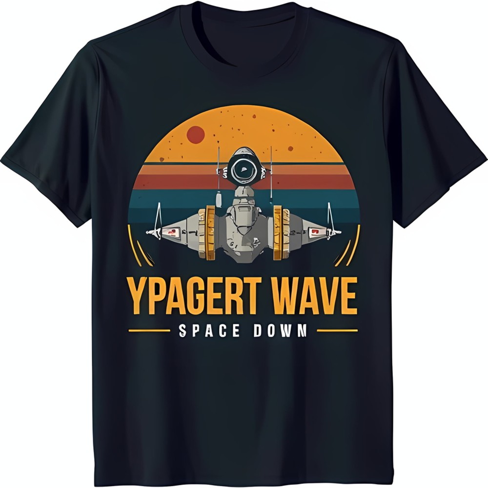 Vintage Black T-Shirt with Retro Spaceship Sunset Graphic 'YPAGERt WAVE'
