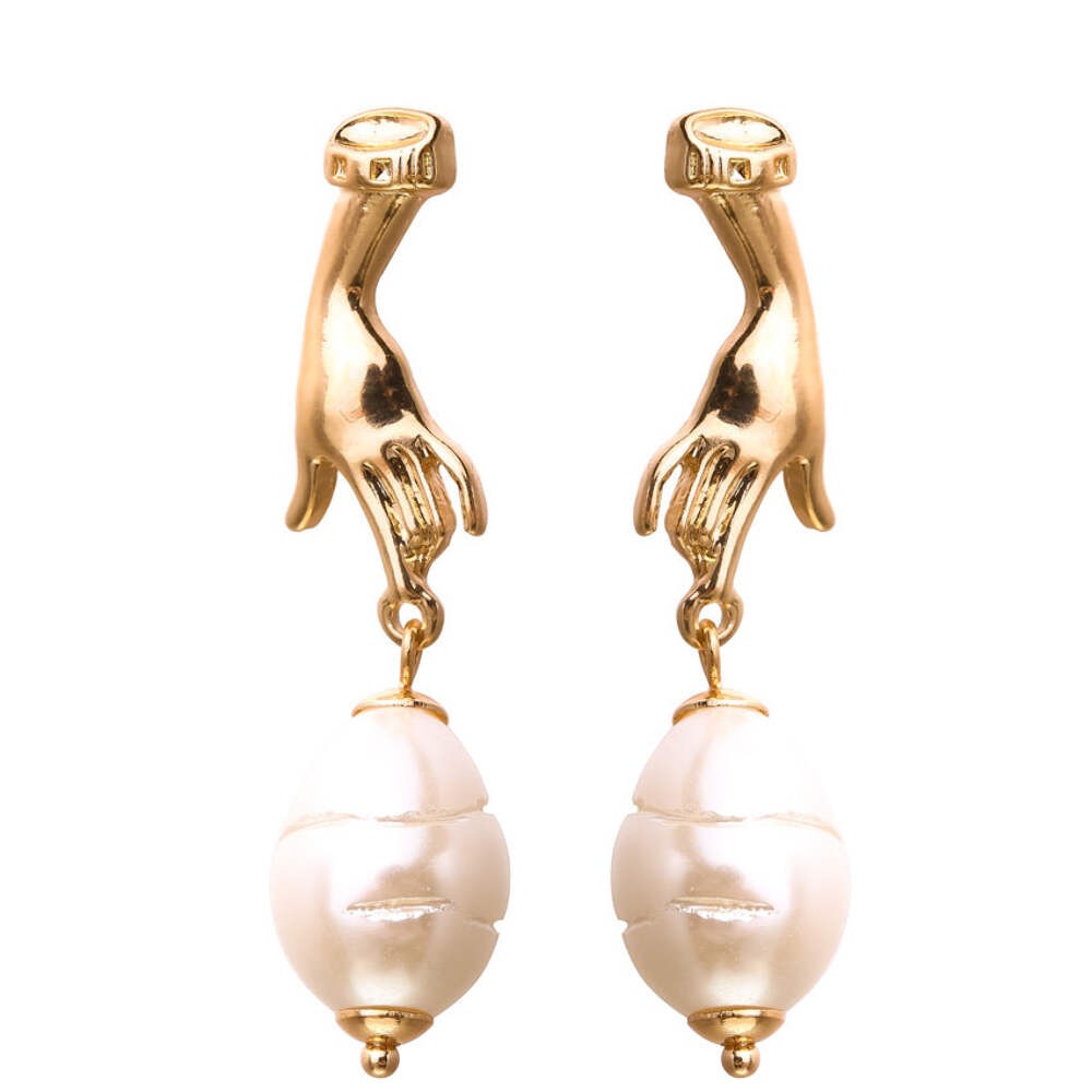 Abstract Cutout Hand Palm Pearl Dangle Earrings Gold Filled-image