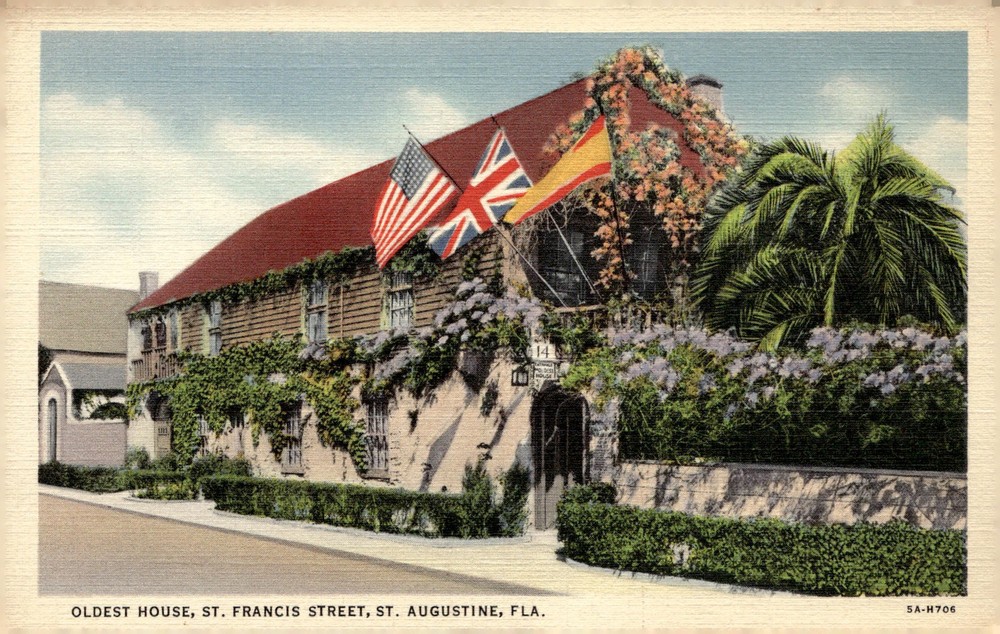 1935 Oldest House St. Augustine FL Linen Curt Teich Art-Colortone Postcard