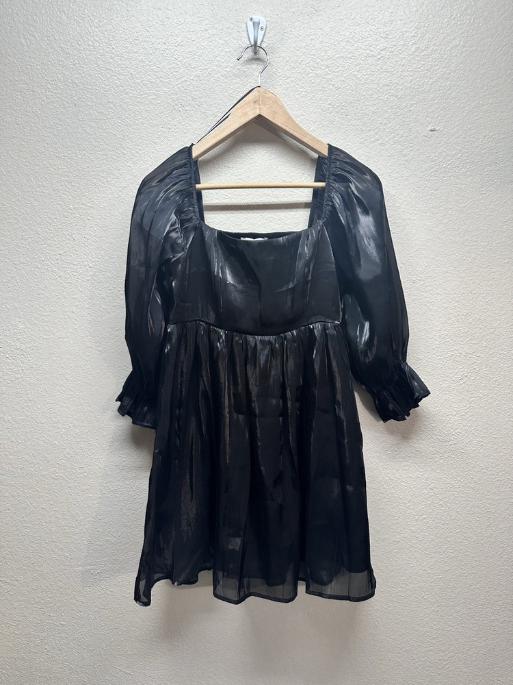 Alison + Kelly Black Sheer Puff Sleeve Babydoll Mini Dress Square Neck Medium