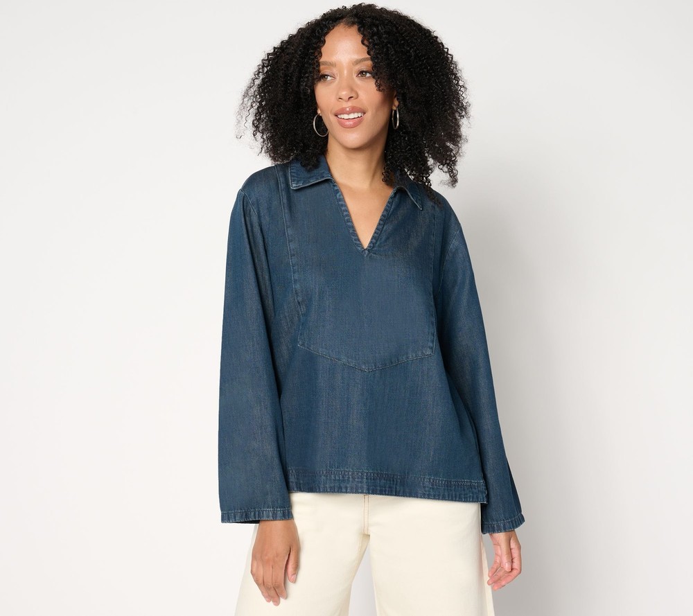 SUNNYLiFE Women's Top Sz L Eden Drapey Denim Popover Blouse Blue A663652