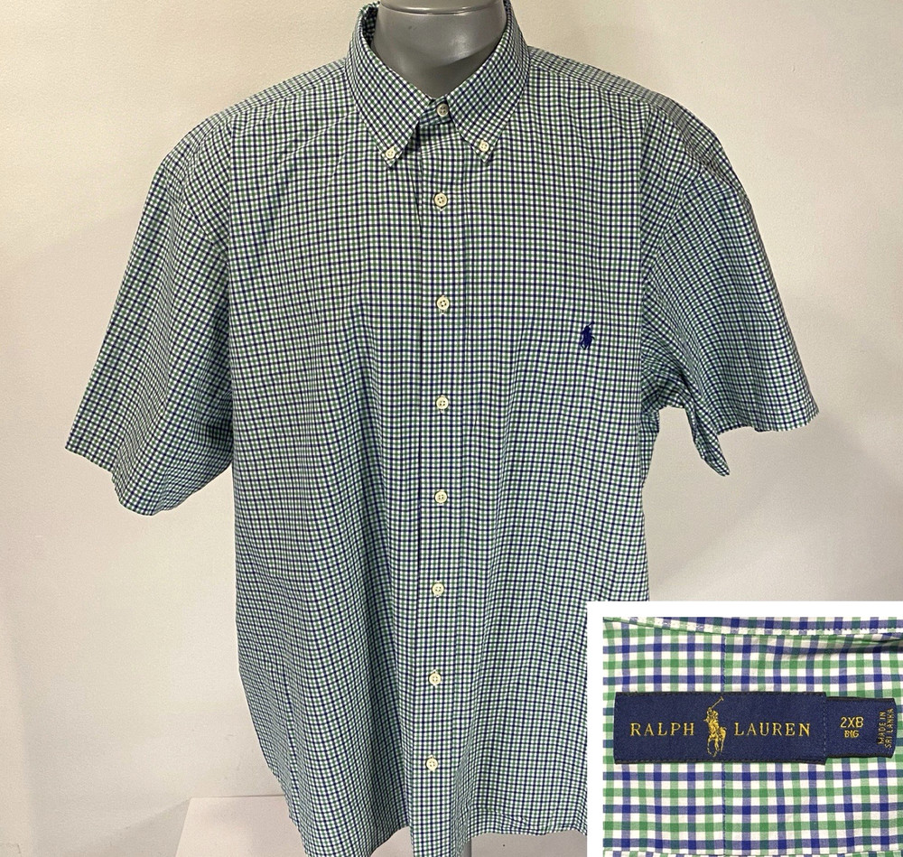 Polo Ralph Lauren 2XB Big Shirt Short Sleeve Green Blue Check Mens Cotton