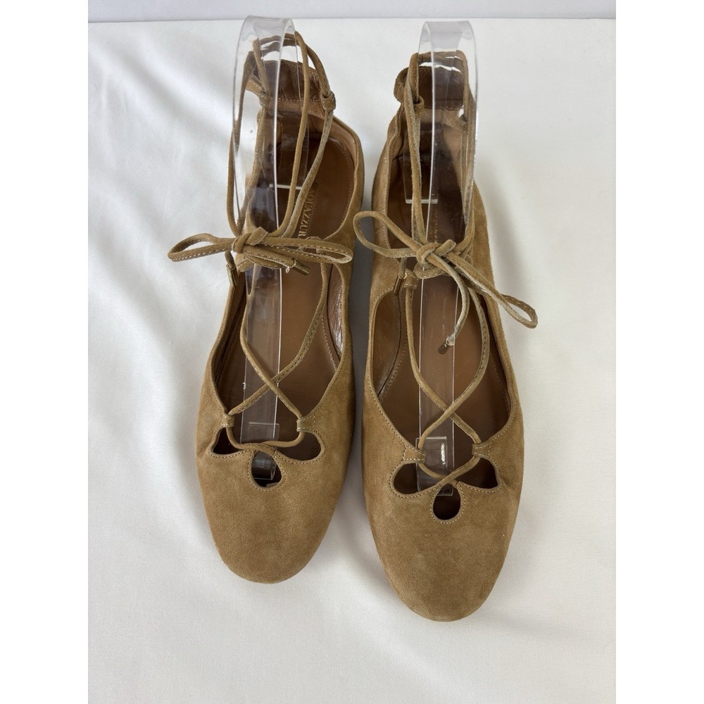 Aquazzura Firenze Dancer Lace Up Flats Camel Brown Tan Suede 38 7.5 Ankle Tie