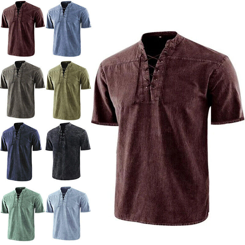 Mens Short Sleeve Grandad Collar Shirts T Shirt Casual Muscle Beach Holiday T