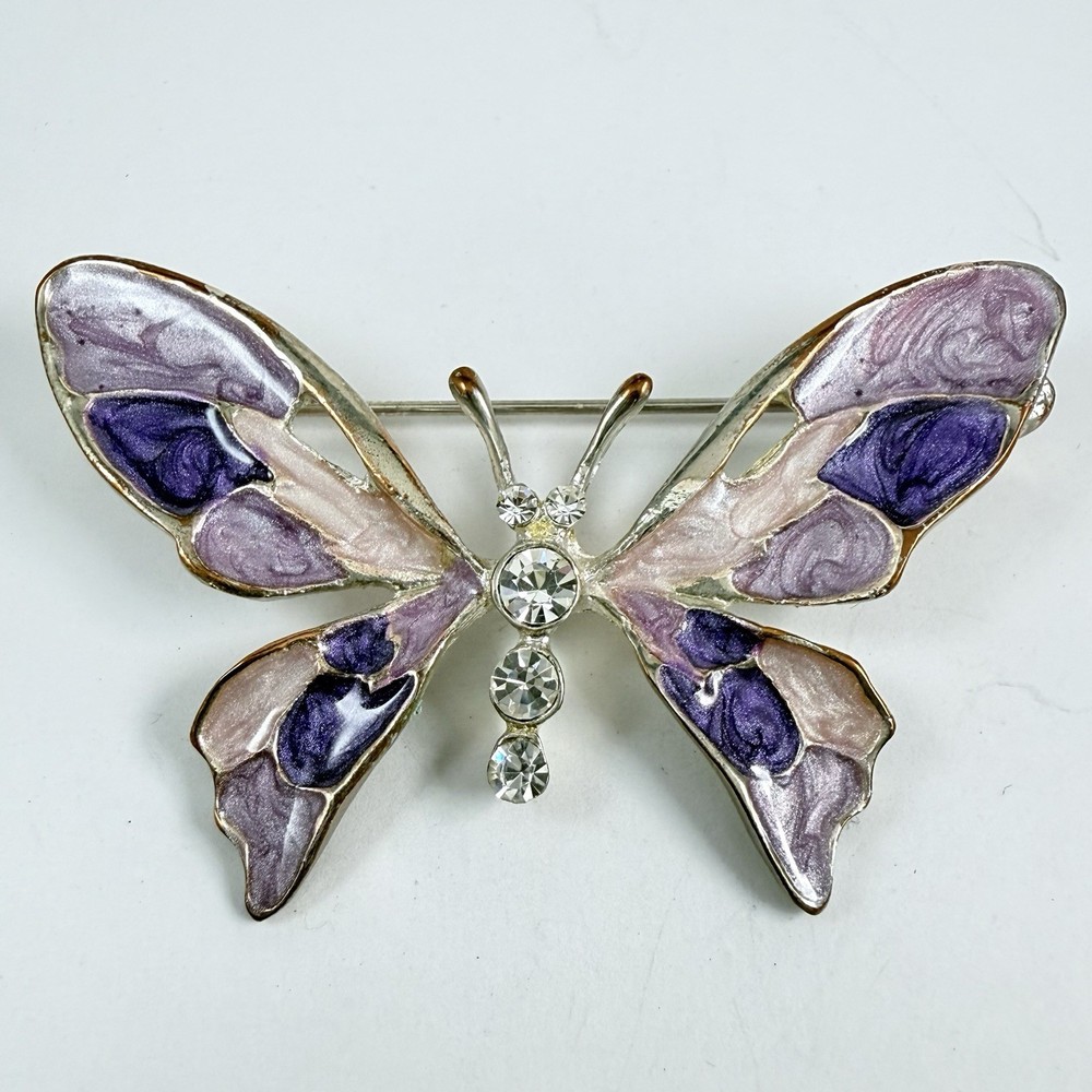 Vintage Rhinestone Purple Butterfly Enameled Silver Tone Brooch Pin READ TEXT